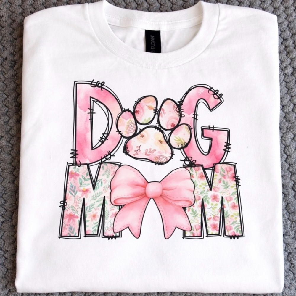Gildan White Dog Mom Sweatshirt with Pink Bow